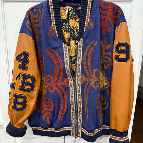 Free People Out Of Your League Bomber Jacket Patches Embroidered Blue Gold Tan - Picture 5 of 12